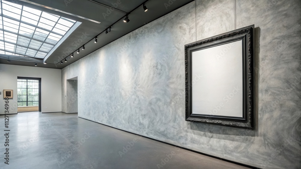 An empty gallery room with a blank canvas in a black frame, waiting for a masterpiece to be displayed, illuminated by recessed lights. An empty gallery room with a blank canvas in a black frame, waiting for a masterpiece to be displayed, illuminated by recessed lights.