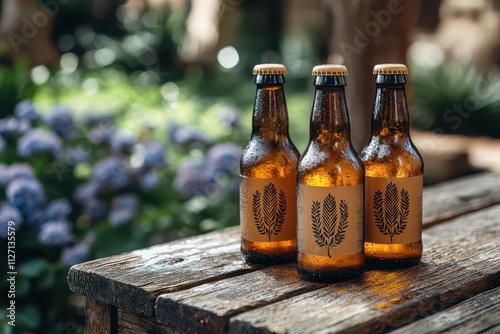 Golden wheat beer shining on a garden table, flowers softly blurred in the background. photo