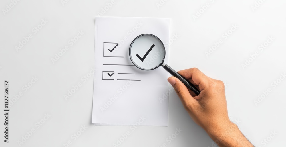 Magnifying glass highlighting a checkmark on a document with an ink pen, illustrating data protection and system control in business. Magnifying glass highlighting a checkmark on a document with an ink pen, illustrating data protection and system control in business.
