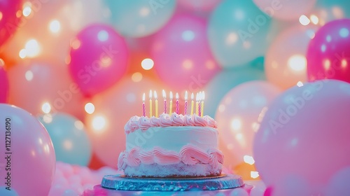 Colorful balloons and birthday cake with candles on a party background