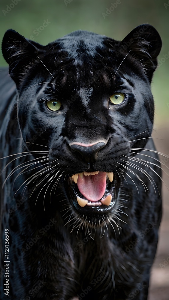 Obraz premium Black jaguar wallpaper showcasing its piercing green eyes, fierce snarl, and majestic wild presence.