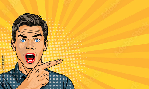 Emotional man shows with his hand on a colored background. in a bright pop art style