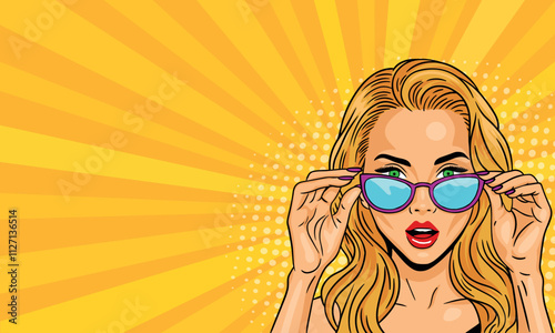 Beautiful surprised blonde girl in sunglasses on a colored background. in a bright pop art style
