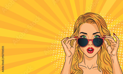 Beautiful surprised blonde girl in sunglasses on a colored background. in a bright pop art style