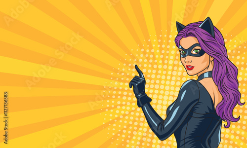 Beautiful girl with purple hair in a cat costume. on a colored background. in a bright pop art style