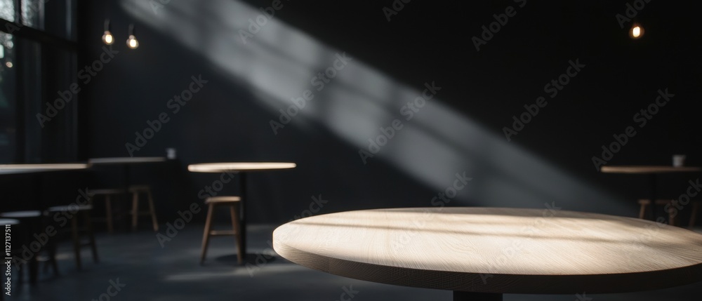 Obraz premium Dimly lit room with a round wooden table in the center. the table is made of light-colored wood and has a smooth surface.