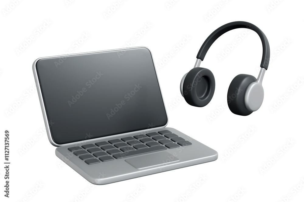 Modern laptop paired with black headphones, symbolizing remote work, online learning, and multimedia use in a digital workspace. 3D render illustration Modern laptop paired with black headphones, symbolizing remote work, online learning, and multimedia use in a digital workspace. 3D render illustration