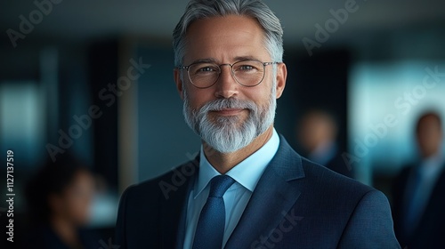 Businessman with glasses and gray beard stands confidently in a bright office space filled with colleagues