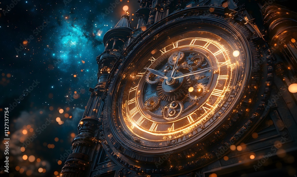 A close-up of the clock tower's cogs and gears with a dreamy A close-up of the clock tower's cogs and gears with a dreamy