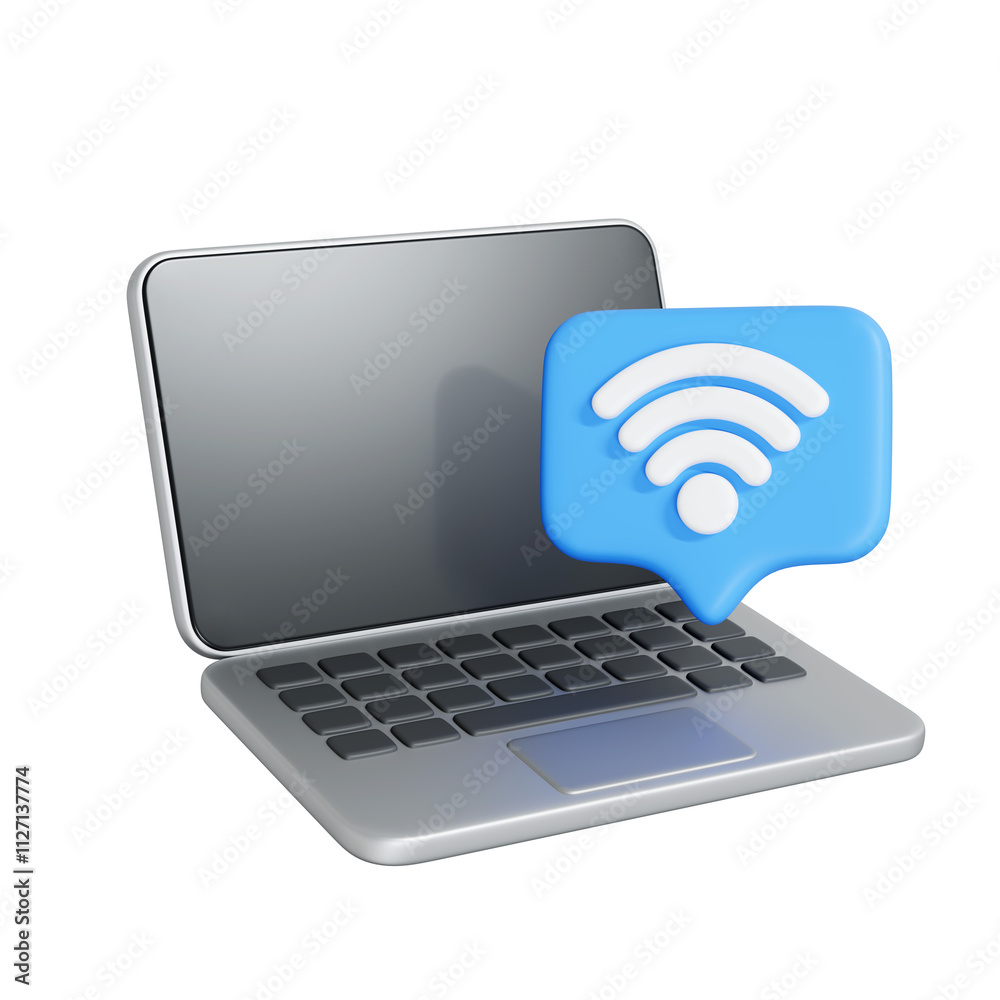 Modern laptop with a blue Wi-Fi signal icon, symbolizing wireless connectivity, internet access, and digital communication on a white background. 3D render illustration Modern laptop with a blue Wi-Fi signal icon, symbolizing wireless connectivity, internet access, and digital communication on a white background. 3D render illustration