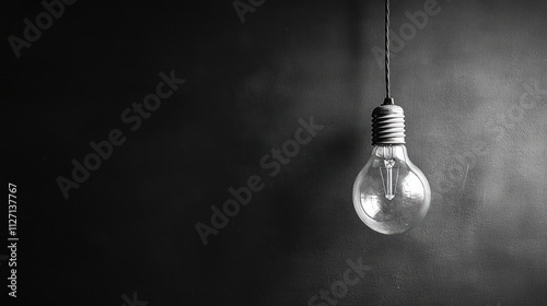 A classic light bulb hangs from a cord against a dark, textured backdrop, creating a nostalgic atmosphere photo