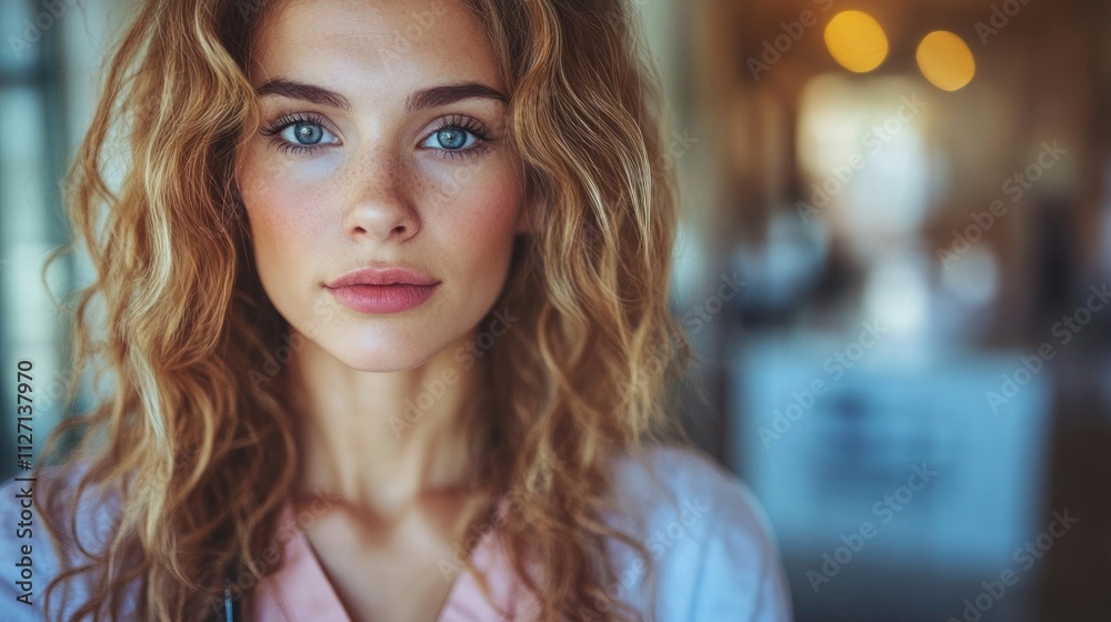 A young woman with stunning blue eyes and curly hair gazes thoughtfully in a warmly lit room A young woman with stunning blue eyes and curly hair gazes thoughtfully in a warmly lit room