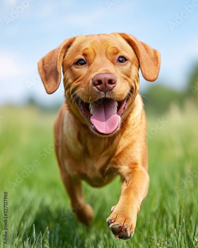 Wallpaper Mural A playful dog runs with excitement across a lush green field under a bright blue sky Torontodigital.ca