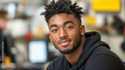 A young man with stylish hair sits confidently in a contemporary setting, smiling warmly