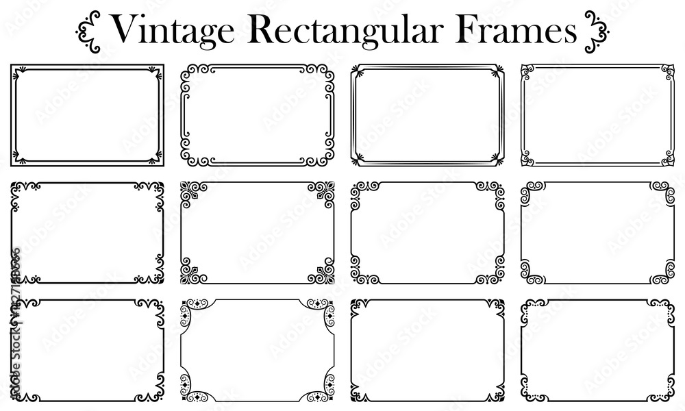 Set of rectangular black frames isolated on white background. Abstract vintage geometric patterns with swirls. For text design, printing on paper, textiles, business cards, banner. Vector illustration