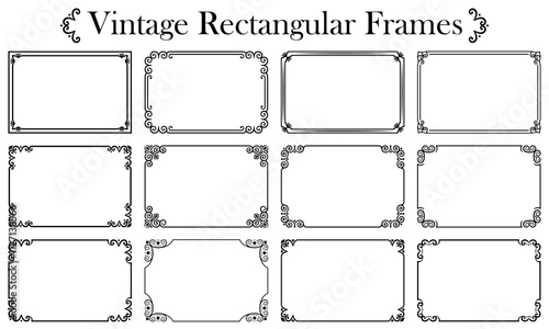 Set of rectangular black frames isolated on white background. Abstract vintage geometric patterns with swirls. For text design, printing on paper, textiles, business cards, banner. Vector illustration