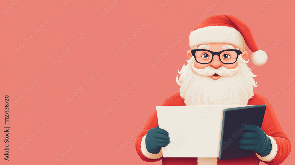 Naklejka premium Santa Claus wearing glasses and reviewing a business proposal on a tablet, with space on the screen
