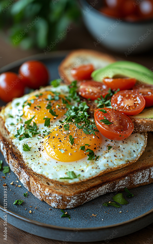 Healthy Breakfast Toast with Fried Eggs, Sliced Avocado, and Seasoned Cherry Tomatoes – A Vibrant and Nutritious Dish Healthy Breakfast Toast with Fried Eggs, Sliced Avocado, and Seasoned Cherry Tomatoes – A Vibrant and Nutritious Dish