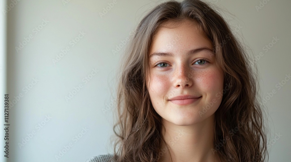 A young woman beams with happiness, her long, wavy hair framing her face. Soft natural light highlights her features as she appears content and at ease, radiating positivity in a serene setting A young woman beams with happiness, her long, wavy hair framing her face. Soft natural light highlights her features as she appears content and at ease, radiating positivity in a serene setting