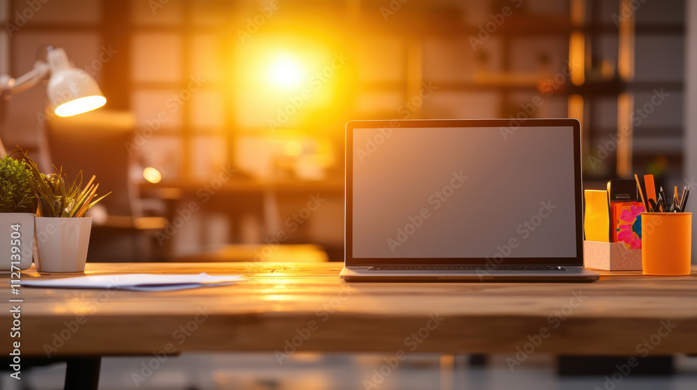 Bright and airy office space with warm lighting and laptop Bright and airy office space with warm lighting and laptop