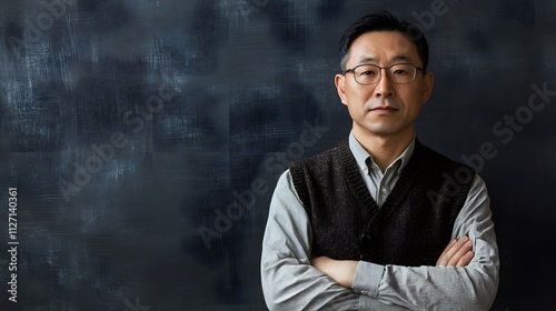 portrait of a chinese teacher in front of an empty blackboard