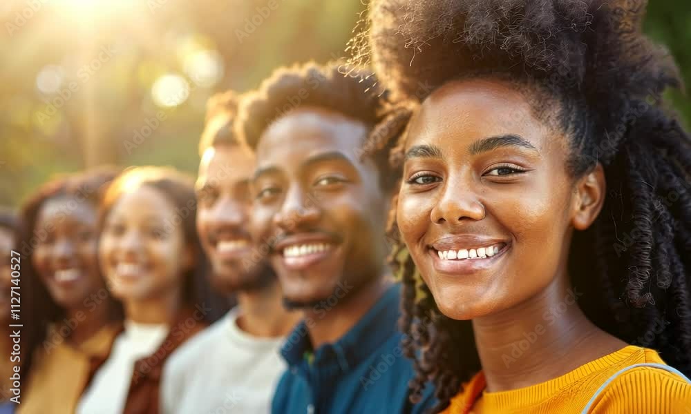 Diverse group of smiling people outdoors, focusing on young African woman in foreground Diverse group of smiling people outdoors, focusing on young African woman in foreground