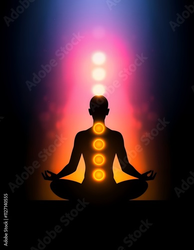 A serene silhouette of a person meditating, with glowing chakras, set against a beautiful sunset.  A scene of tranquility and spiritual peace. photo