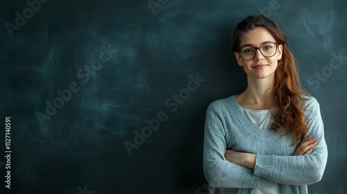 portrait of a teacher in front of an empty blackboard