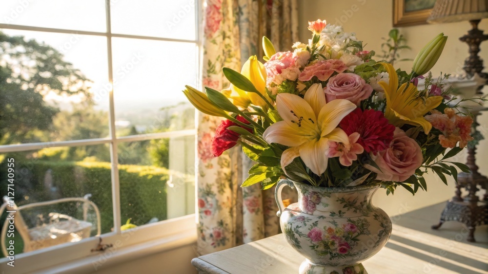 A colorful bouquet of lilies, roses, and other flowers arranged in a delicate floral patterned vase sits on a table by a window, bathed in the golden light of the setting sun. A colorful bouquet of lilies, roses, and other flowers arranged in a delicate floral patterned vase sits on a table by a window, bathed in the golden light of the setting sun.
