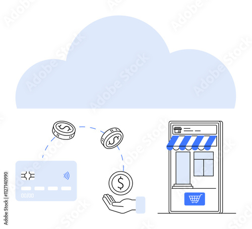 Credit card with hand, coins drifting towards an e-shop under a cloud. Ideal for e-commerce, digital payments, finance, cloud services, online shopping, mobile transactions, financial technology