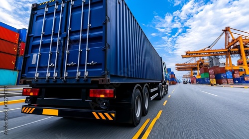 A blue shipping truck driving on a busy road, surrounded by colorful cargo containers and cranes under a blue sky. photo