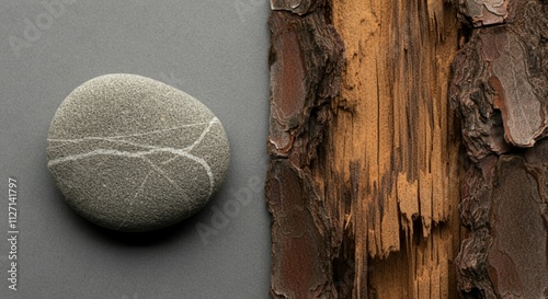 Macro Shot of Stone and Bark: Smooth and Rough Textures Juxtaposed Against Neutral Gray Background