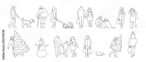 Big Set of People Preparing for Christmas Outline Coloring Page with Editable Black Stroke Lines No Fill Only White Background. Vector. Santa, Snowman, Dog, Cat, Couple, Family, Children, Men, Women