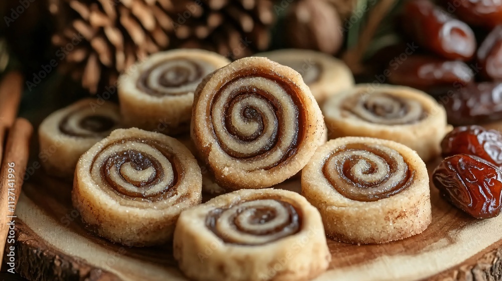 Close up of perfectly swirled date pinwheel cookies, arranged on a rustic wooden board, surrounded by dried dates and cinnamon sticks Close up of perfectly swirled date pinwheel cookies, arranged on a rustic wooden board, surrounded by dried dates and cinnamon sticks