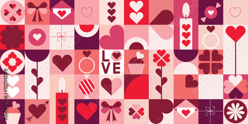 Valentine's day seamless pattern in flat design, abstract modern wallpaper with specific elements, vector