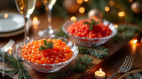 Festive table with red salmon caviar and black sturgeon caviar with glasses of wine photo