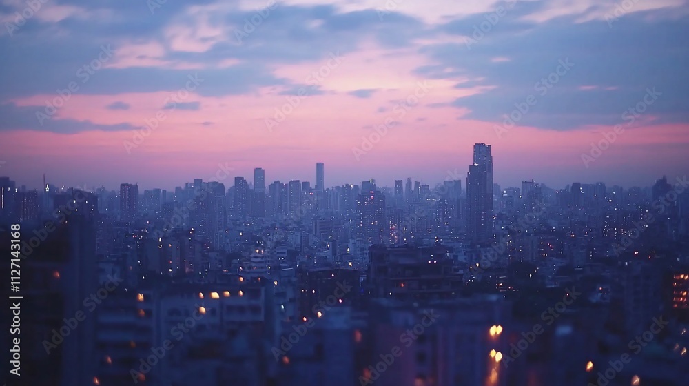 Fototapeta premium City skyline at twilight, soft focus.