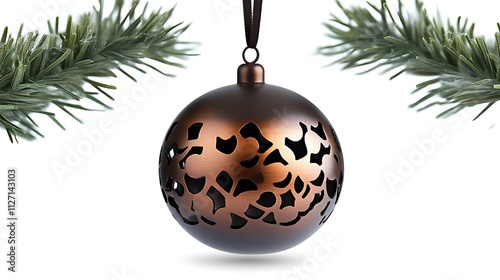 Ornate bronze christmas bauble hangs between branches photo