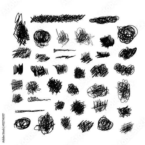Hand drawn doodle scribbles set. Black and white vector illustration on isolated background