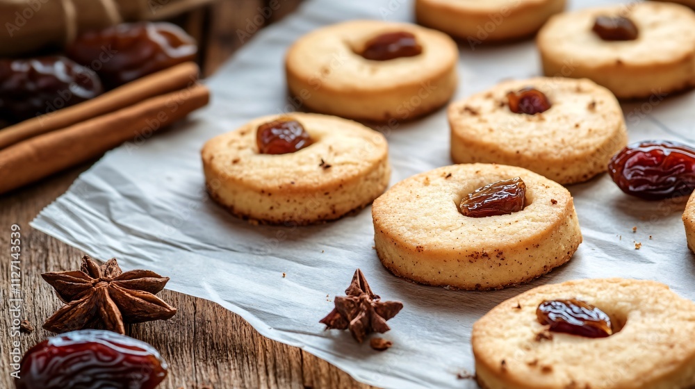 Golden pinwheel cookies cooling on parchment paper, with decorative cinnamon sticks and dried dates nearby Golden pinwheel cookies cooling on parchment paper, with decorative cinnamon sticks and dried dates nearby
