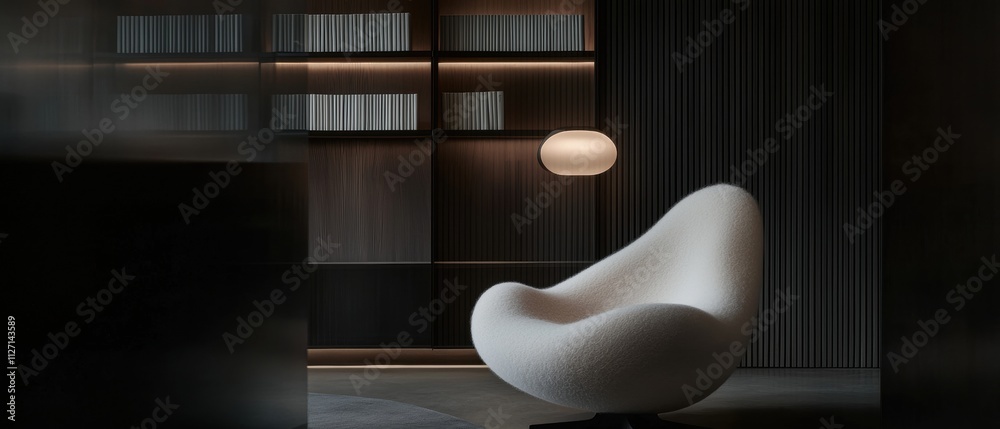 Obraz premium Modern and minimalist interior design of a room with a white armchair in the center. the chair is made of a soft, plush material and has a curved backrest and armrests.
