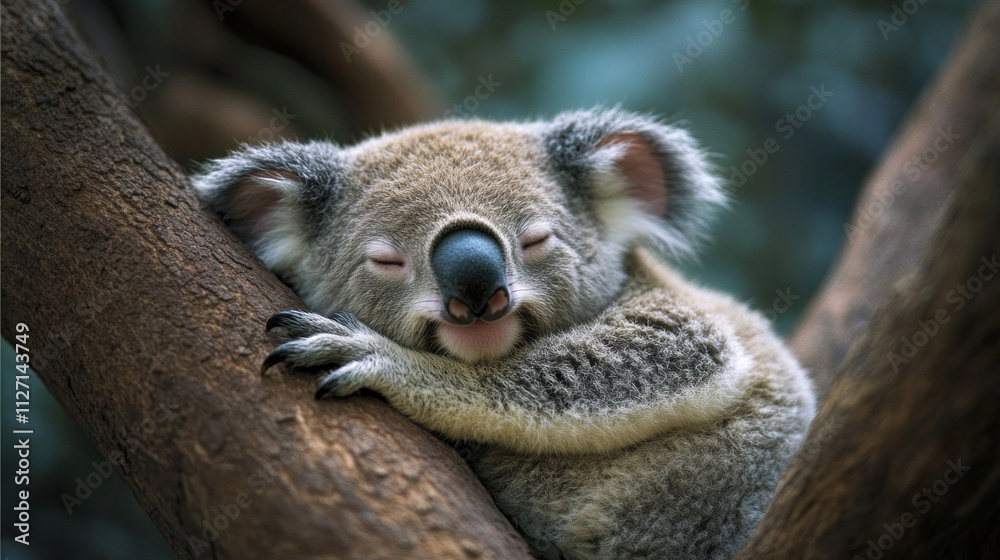 Fototapeta premium A koala resting in the crook of a eucalyptus tree, peacefully munching on leaves