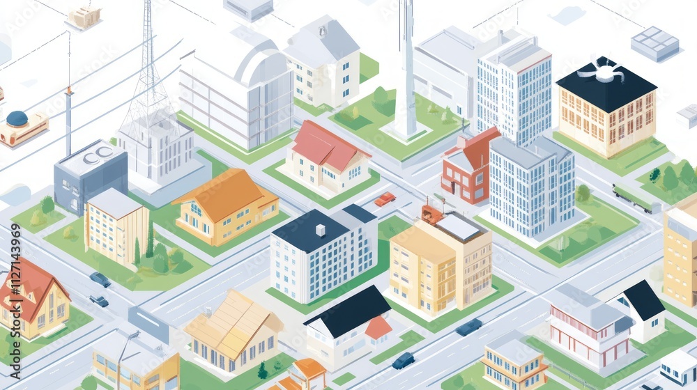 Isometric illustration of a city with various buildings, roads, and trees. Isometric illustration of a city with various buildings, roads, and trees.