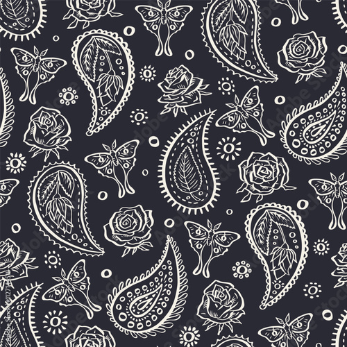 Seamless pattern with hand drawn monochrome inky Paisley, roses and luna moths. Doodle mughal designs with black and white sketchy butterflies and flowers repeat background.
