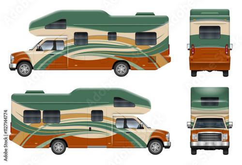 RV motorhome wrap vector mockup on white for vehicle branding, corporate identity. View from the side, front and back. All elements in the groups are in separate layers for easy editing and recolor.