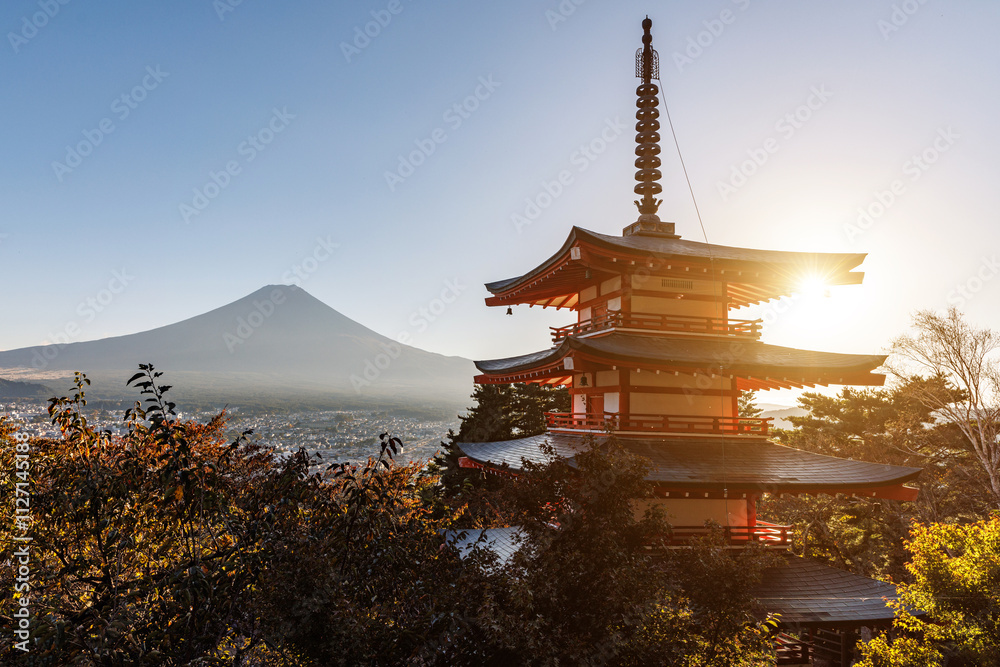 Japanese iconic view. Chureito Pagoda near Kawaghuchiko Lake.