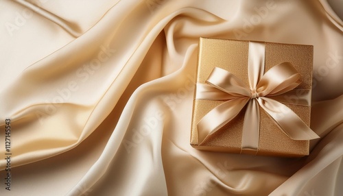 Glittering Gold Gift Box with Champagne Satin Ribbon on Fabric Background. Top View of Wedding Gifts with Copy Space