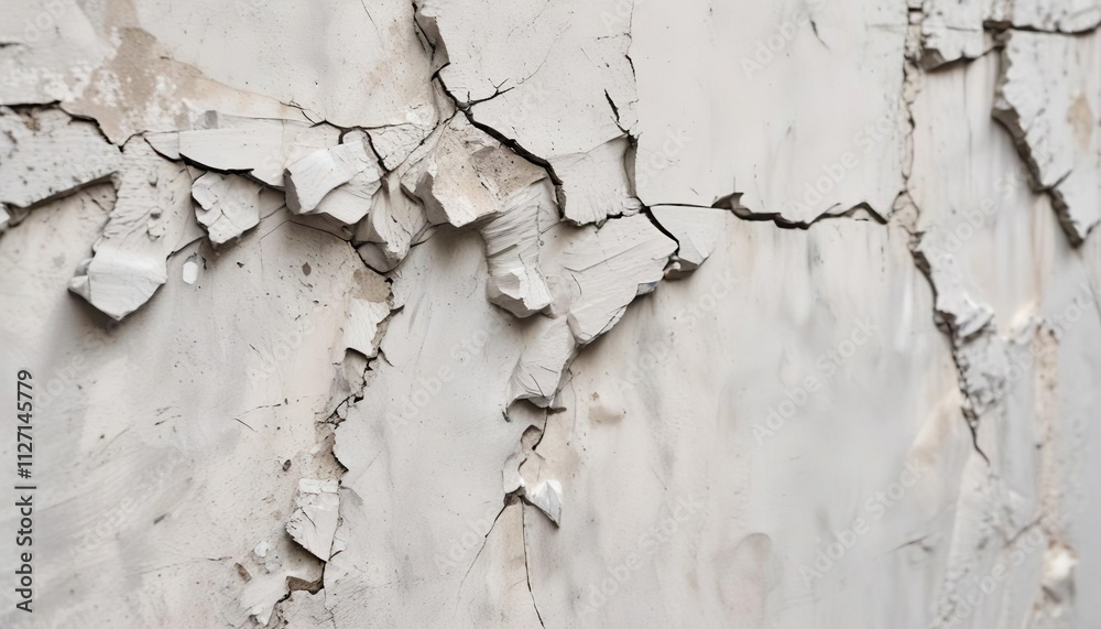 Fototapeta premium Close-up shot of white cracked wall with peeling paint , texture, abandoned, old, weathered, distressed