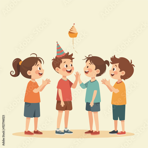 Birthday party illustration and vector design, Children Friends are clapping for his birthday and wishing him