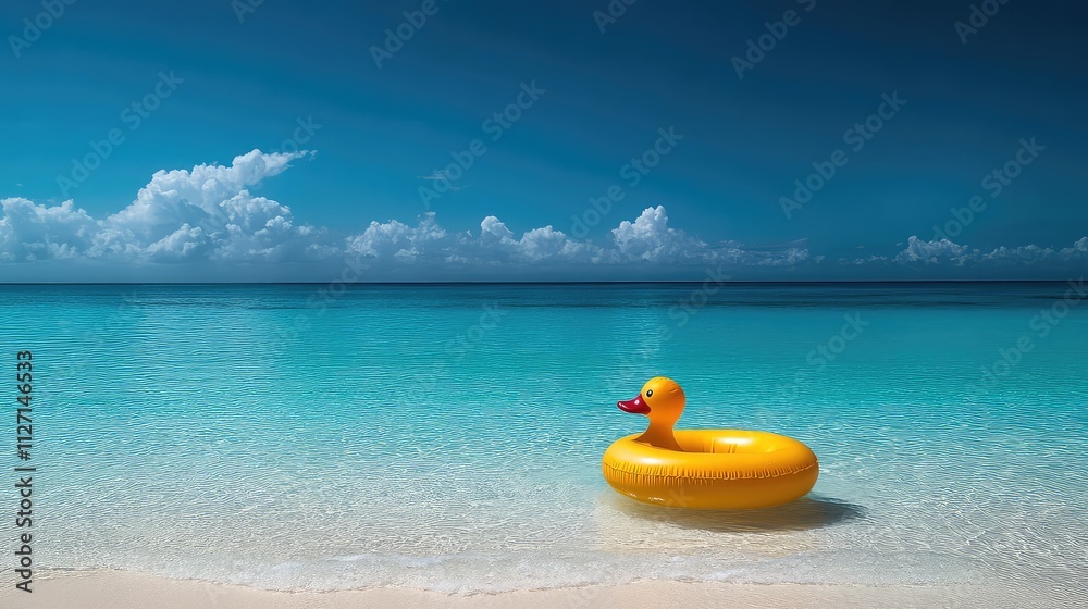 Vibrant Yellow Duck Float Contrasts with Minimalist Blue Beach Scene Vibrant Yellow Duck Float Contrasts with Minimalist Blue Beach Scene